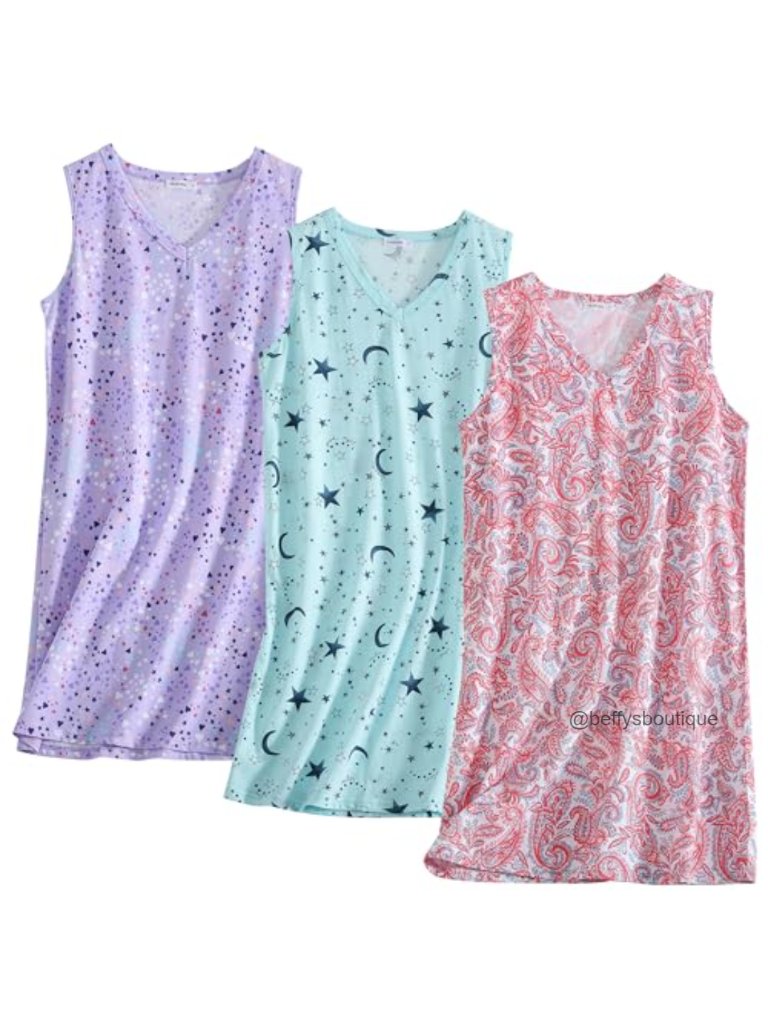 3 Pack Cotton Nightgown Sleeveless V-Neck Sleepshirts Casual Print Sleepwear